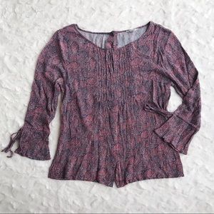 Pleated Button Back Boho Paisley Peasant Top
